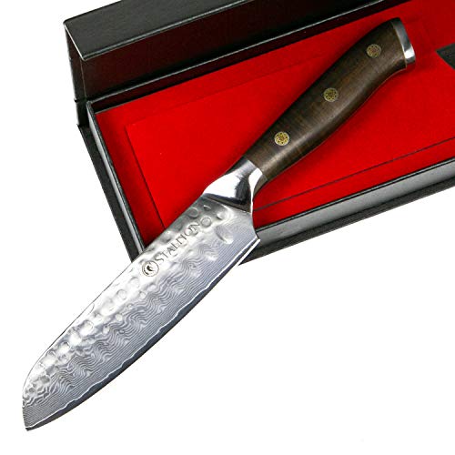 Stallion Cuchillo de Damasco Ironwood - Cuchillo Santoku 12,5 cm de Acero damasceno en una Elegante Caja de Regalo