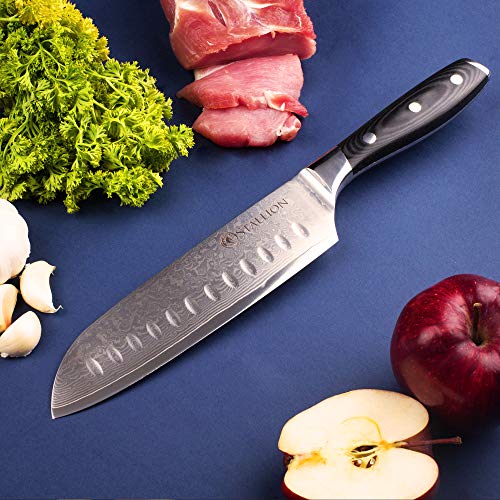 Stallion Cuchillo de Damasco Wave - Cuchillo Santoku 17,5 cm de Acero damasceno en una Elegante Caja de Regalo