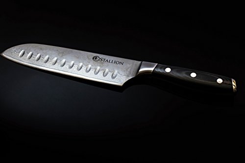 Stallion Cuchillo de Damasco Wave - Cuchillo Santoku 17,5 cm de Acero damasceno en una Elegante Caja de Regalo