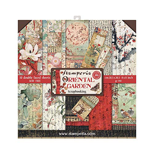 STAMPERIA Oriental Garden-Bloc de Papel (10 Hojas, 20,3 x 20,3 x 8 Pulgadas, Doble Cara), multicolor, 20.3 x 20.3 (8" x 8")