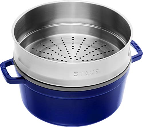 STAUB Cocotte Redonda con Cesta Vapor, Hierro Fundido, Azul, 26 cm