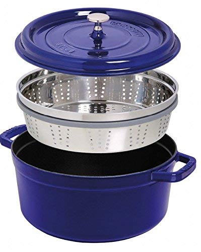 STAUB Cocotte Redonda con Cesta Vapor, Hierro Fundido, Azul, 26 cm