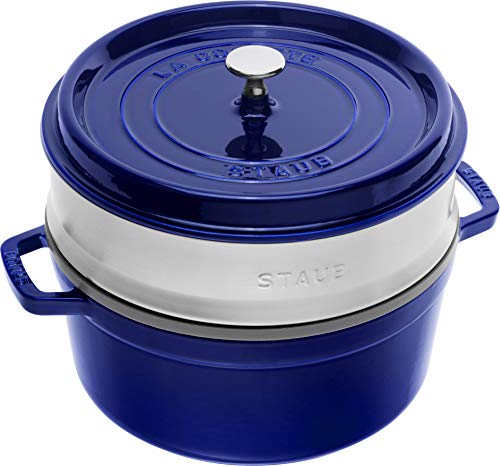 STAUB Cocotte Redonda con Cesta Vapor, Hierro Fundido, Azul, 26 cm