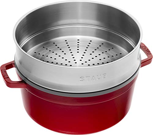 STAUB Cocotte Redonda con Cesta Vapor, Hierro Fundido, Rojo Cereza, 26 cm