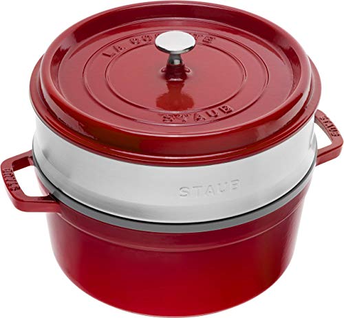 STAUB Cocotte Redonda con Cesta Vapor, Hierro Fundido, Rojo Cereza, 26 cm