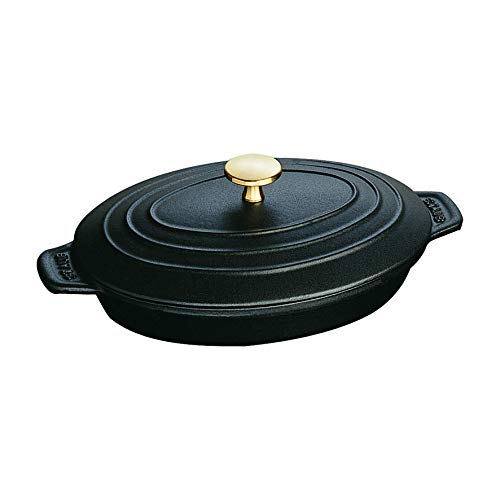 STAUB Hot Plate Fuente Ovalada con Tapa, Hierro Fundido, Negro Mate, 23 cm