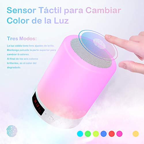 StillCool Lámpara de Noche Altavoz Bluetooth, Luz Nocturna Altavoz Bluetooth y Música Sensor Táctil con 7 Colores Alarma Reloj Mango y USB Recargable para Leer Acampada y Fiesta - Blanco