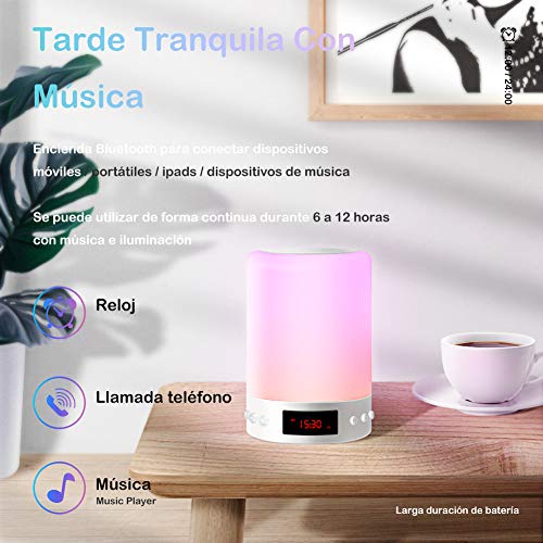 StillCool Lámpara de Noche Altavoz Bluetooth, Luz Nocturna Altavoz Bluetooth y Música Sensor Táctil con 7 Colores Alarma Reloj Mango y USB Recargable para Leer Acampada y Fiesta - Blanco