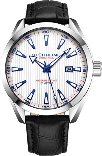 Stuhrling Original Reloj analógico para hombre con fecha, correa de piel de becerro o pulsera de acero inoxidable, 3953 Relojes para hombre colección