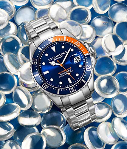 Stuhrling - Reloj de Buceo para Hombre, diseño de Buceo Deportivo con Corona de Rosca y Resistente al Agua hasta 100 m, Esfera analógica, Movimiento de Cuarzo (Naranja/Azul)