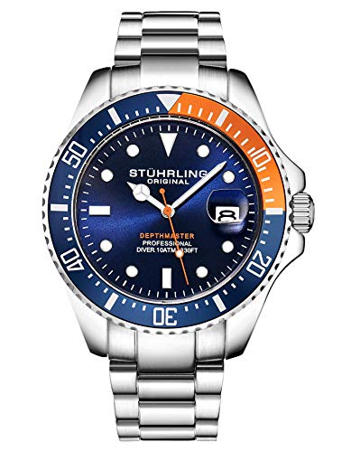 Stuhrling - Reloj de Buceo para Hombre, diseño de Buceo Deportivo con Corona de Rosca y Resistente al Agua hasta 100 m, Esfera analógica, Movimiento de Cuarzo (Naranja/Azul)