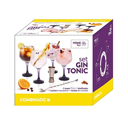 Stylehome Set Gin Tonic con 4 Copas de Balón, 1 Vaso Dosificador, 1 Cuchara Mezcladora y Recetario