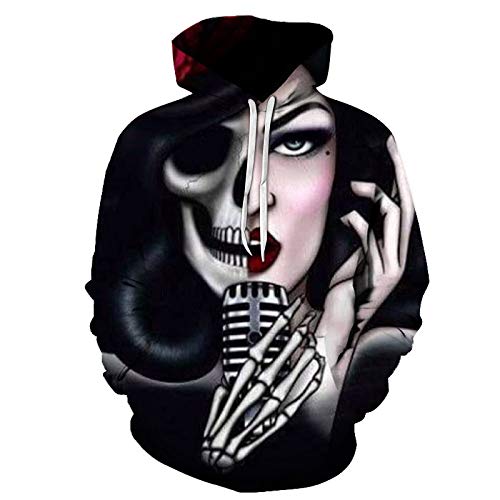 Sudaderas Con Capucha 3D Impresión,Creative Half Human Half Skull 3D Impreso Con Capucha Hombres Mujeres Sudadera Con Capucha Pullover Loose Long Sleeve Novedad Streetwear Sudadera Con Capucha Unisex