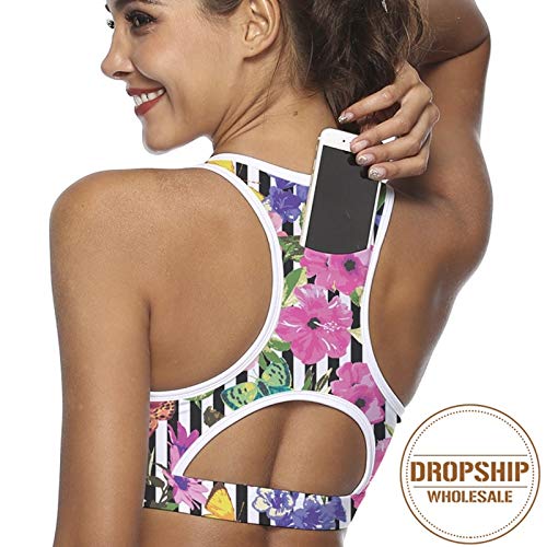 Sujetador Deportivo Mujer Sujetador De Yoga con Bolsillo para Teléfono Top Deportivo Mujer Fitness Push Up Gym Correr Camisa De Flores A Prueba De Golpes Chaleco Deportivo De Compresión XS Greenp