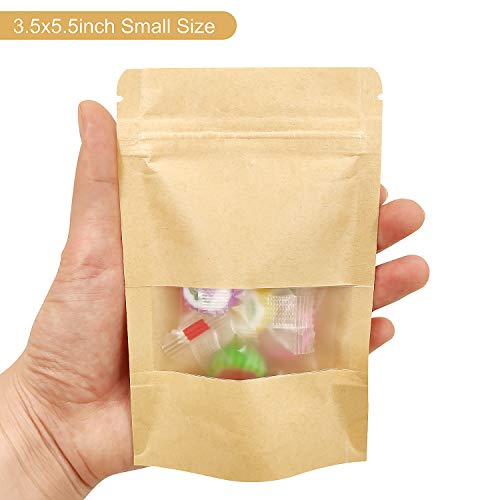 SumDirect 50Pcs 9x14cm Bolsas de Papel Kraft con Cierre, Bolsas Zip Alimentos con Ventana para Guardar