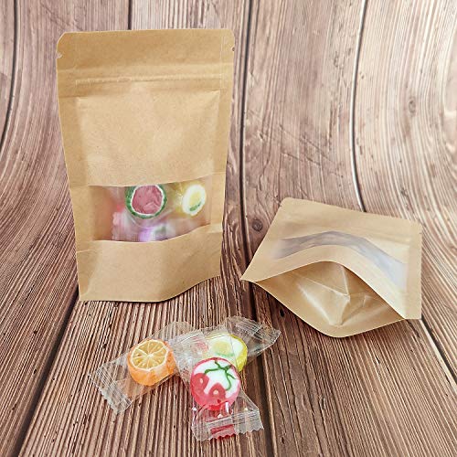 SumDirect 50Pcs 9x14cm Bolsas de Papel Kraft con Cierre, Bolsas Zip Alimentos con Ventana para Guardar