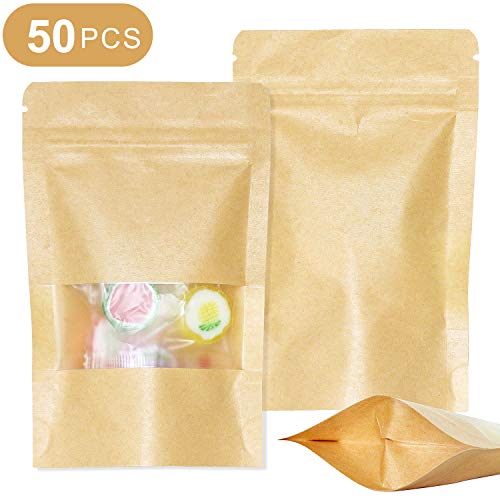 SumDirect 50Pcs 9x14cm Bolsas de Papel Kraft con Cierre, Bolsas Zip Alimentos con Ventana para Guardar