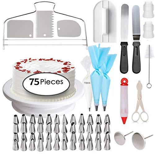 Suministros para Decoración de Tartas 75pcs - Kit de Decoración Profesional para Cupcakes - Suministros de Horneado Giratorios, Bolsas de Esmerilado y Ribetes y Puntas, Espátula de Glaseado y Otras