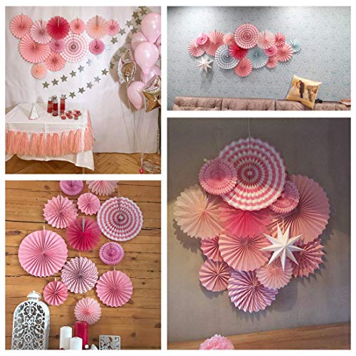 Sunbeauty Decoración Abanicos de Papel Baby Shower, 13 Piezas Rosa Ventilador de Papel con Estrellas Papel para Colgar Decoración de Pared para Cumpleaños Boda Carnaval Bebé Ducha Fiesta Suministros