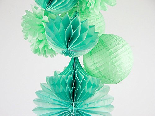 Sunbeauty Serie Menta Pompón Flores de Papel &Abanico&Bolas alveolar con Forma Gota de Agua Mezclado / 10 Piezas decoración Colgando para Boda cumpleaños Santa Semana Fiesta Baby Shower（Estilo 3）