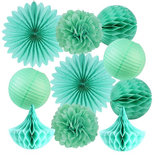 Sunbeauty Serie Menta Pompón Flores de Papel &Abanico&Bolas alveolar con Forma Gota de Agua Mezclado / 10 Piezas decoración Colgando para Boda cumpleaños Santa Semana Fiesta Baby Shower（Estilo 3）