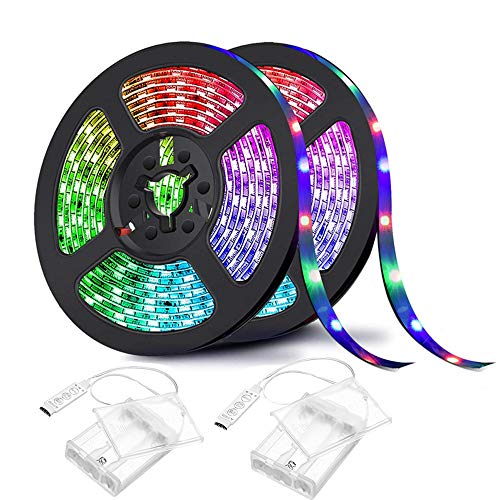 Sunboia Tira LED Strip Batería Tiras LED 2M 5050 RGB Luz Tira con Mini- Controller LED Cinta Luminosa Impermeable IP65 para Fiestas Cumpleaños Bar Cocina (2 Piezas)