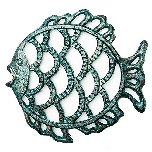 Sungmor -Salvamanteles de Pescado Fundido de Hierro Fundido de Alta Resistencia - 17,8 × 19 × 1,9 cm - Bastidores a Prueba de Herrumbre de Aspecto rústico y Retro Soportes para sartenes o teteras