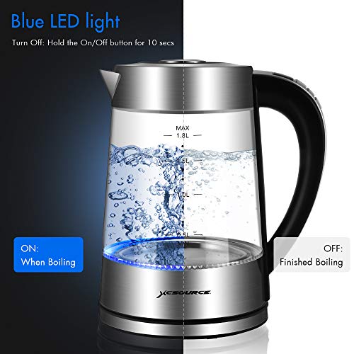 Sunix Hervidor de Agua Eléctrico, Hervidores de Cristal y Calentador de café con luz indicadora de LED Azul, 0.5L-1.8L Elemento Calentador de 2000W Hierva con Multifuncional