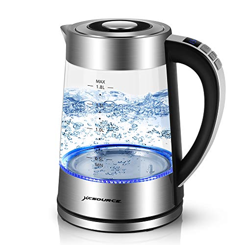 Sunix Hervidor de Agua Eléctrico, Hervidores de Cristal y Calentador de café con luz indicadora de LED Azul, 0.5L-1.8L Elemento Calentador de 2000W Hierva con Multifuncional