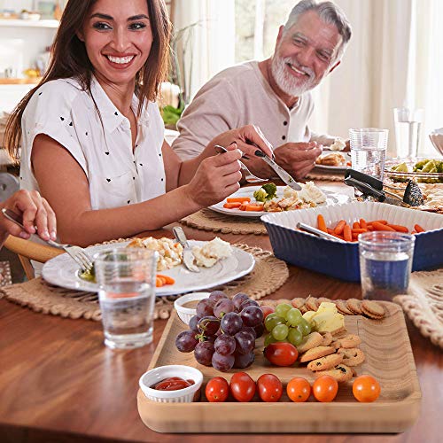 Sunix Tabla de Quesos de Bambú - Bandeja de Quesos con 4 Cuchillos, 2 Tazones de cerámica, 1 Tenedor de Acero Inoxidable, para Fiestas, Cumpleaños o Inauguración