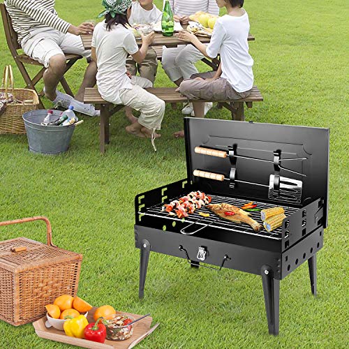 SunJas Barbacoa Portátil Barbacoa de Carbón con Pies Plegable BBQ Barbacoa Asador al Aire Libre para Jardin, Picnic, Acampadas, Camping - Color Negro (4-6 Personas)