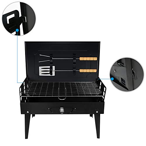 SunJas Barbacoa Portátil Barbacoa de Carbón con Pies Plegable BBQ Barbacoa Asador al Aire Libre para Jardin, Picnic, Acampadas, Camping - Color Negro (4-6 Personas)