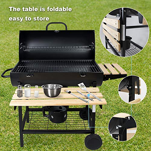 SunJas Barbacoas de Carbón Parrilla con Ruedas para Jardín Exterior BBQ con Soportes Facil Movimiento, con 2 Estantes de Madera Plegable para Almacenar Comidas, 101×70.5×94.5CM