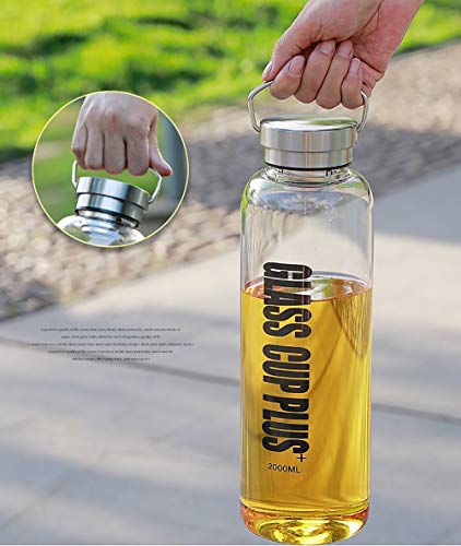 sunkey Botella Agua Cristal 2L Grande de Claro Borosilicato Vidrio Portátil Manija Neopreno Funda Bpa Free Reutilizable y Durable