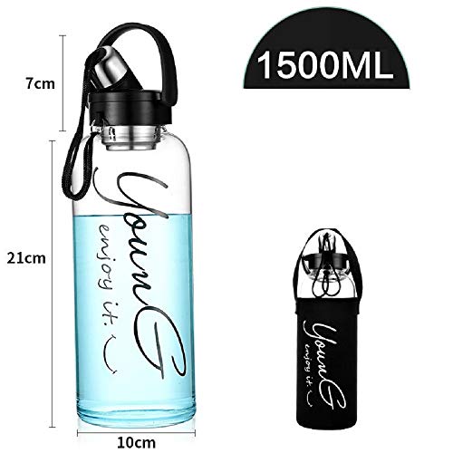 sunkey Grande Botella Agua Cristal 1,5/2 litros Deportiva de Claro Borosilicato Vidrio sin Bpa Portátil Reutilizable y Durable (2L)