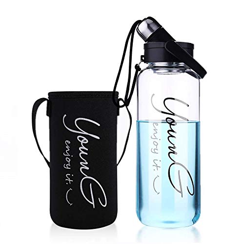 sunkey Grande Botella Agua Cristal 1,5/2 litros Deportiva de Claro Borosilicato Vidrio sin Bpa Portátil Reutilizable y Durable (2L)