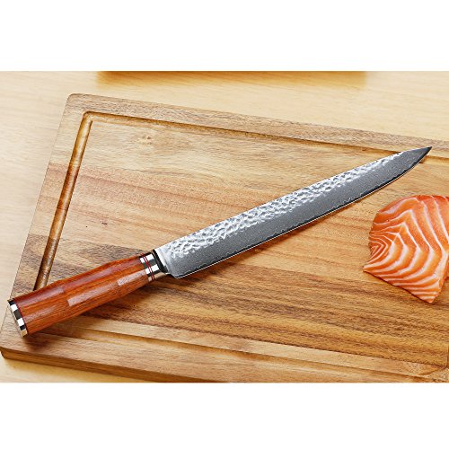 Sunlong - Cuchillo clásico japonés Santoku, VG10, hoja larga, de alto carbono, acero de damasco, de cocinero, con mango de palisandro, de 17,78 cm - 10 Sashimi Knife