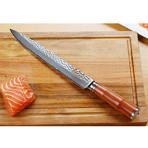 Sunlong - Cuchillo clásico japonés Santoku, VG10, hoja larga, de alto carbono, acero de damasco, de cocinero, con mango de palisandro, de 17,78 cm - 10 Sashimi Knife