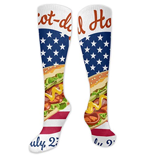 Sunny R National Hot Dog Day - Calcetines de compresión para pantalón con diseño de perro caliente con pepinos y bandera estadounidense