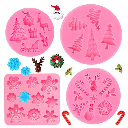 SUNSK Moldes de Pastel de Silicona Fondant 3D Molde de Navidad Copo de Nieve Moldes Árbol de Navidad Molde para Tartas Caramelos Chocolate Jabón Moldes 4 piezas