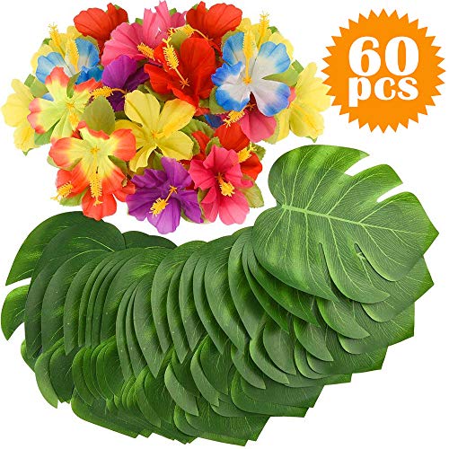 SunTop 60 Piezas Decoraciones para Fiestas Tropicales Hojas de Palmeras Tropicales Monstera y Flores de Hibisco