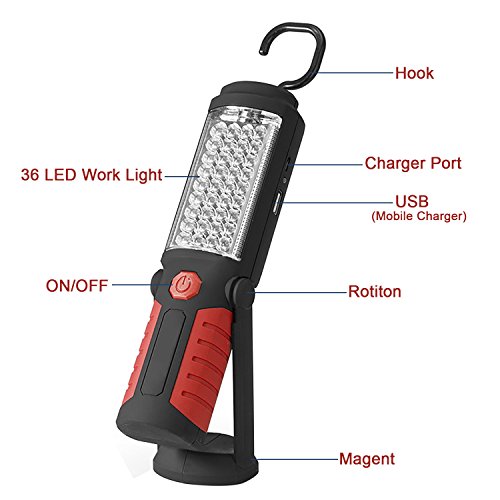 SunTop LED Lámpara de Inspección Recargable Linterna de Trabajo, Portátil Lampara de Inspeccion COB LED Luz con Magnético Soporte y Gancho Colgante para Automóviles, Taller, Emergencia, Camping