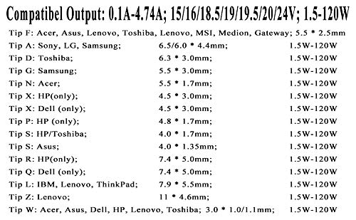 Sunydeal Computadora portátil Cargador Universal Fuente de alimentación Adaptador Cable ordenador 15V 16V 18.5V 19V 19.5V 20V 24V para Acer ASUS Sony Toshiba HP Dell LG Lenovo IBM Fujitsu Packard Bell