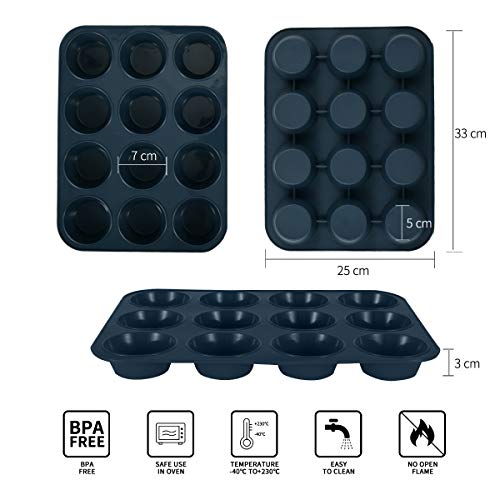 SUPER KITCHEN Molde de Silicona Grande para 12 Magdalenas, Juego de 2 Bandejas para Hornear Muffin con Recubrimiento Antiadherente para Muffins, Cupcake, Brownie, Budín 33 x 25x 3 cm (Gris)