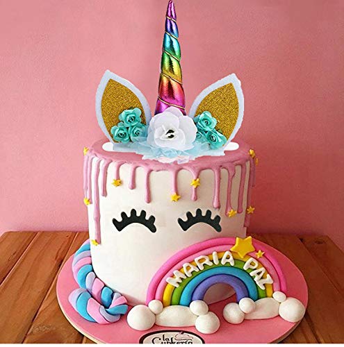 Supercat Decoración para Tarta de Unicornio Hecha a Mano con Flores de Unicornio y Orejas de Cuerno con Purpurina para cumpleaños, decoración para Cupcakes, Fiestas, Colorful