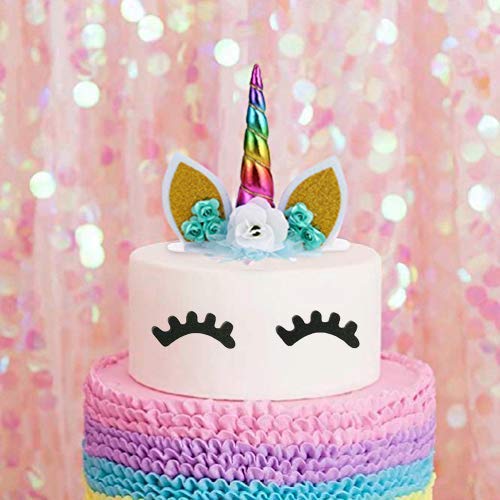 Supercat Decoración para Tarta de Unicornio Hecha a Mano con Flores de Unicornio y Orejas de Cuerno con Purpurina para cumpleaños, decoración para Cupcakes, Fiestas, Colorful