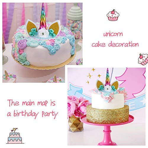 Supercat Decoración para Tarta de Unicornio Hecha a Mano con Flores de Unicornio y Orejas de Cuerno con Purpurina para cumpleaños, decoración para Cupcakes, Fiestas, Colorful