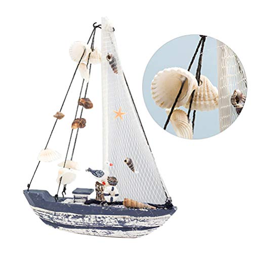 SUPVOX - Decoración para velero de madera con diseño de barco con concha de mar de gaviota, decoración náutica para mesa, tamaño S, como en la imagen, 14*3*20cm