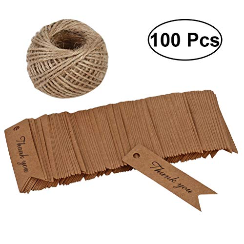 SUPVOX Etiquetas de papel de Kraft Rectangular GRACIAS etiquetas de regalo de cola de pez con guita de yute natural gratis 10M para artesanía de bricolaje haciendo 100 unids