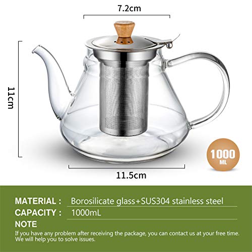 SUSTEAS Tetera de vidrio de 1000 ml con tazas de pared dobles adicionales, infusor de acero inoxidable extraíble, tetera de vidrio de borosilicato, teteras de hojas flojas y florecientes